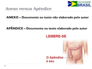 Anexo versus Apêndice 
ANEXO – Documento ou texto não elaborado pelo autor APÊNDICE – Documento ou texto elaborado pelo autor  