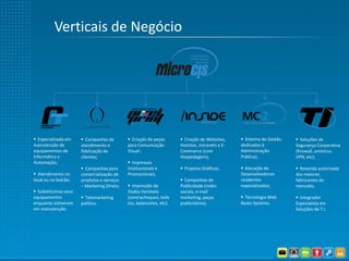 Verticais de Negócio




 Especializada em     Campanhas de         Criação de peças        Criação de Websites,      Sistema de Gestão    Soluções de
manutenção de         atendimento e         para Comunicação         Hotsites, Intranets e E-   dedicados à           Segurança Corporativa
equipamentos de       fidelização de        Visual ;                 Commerce (com              Administração         (firewall, antivírus,
Informática e         clientes;                                      Hospedagem);               Pública);             VPN, etc);
Automação;                                   Impressos
                       Campanhas para      Institucionais e          Projetos Gráficos;        Alocação de          Revenda autorizada
 Atendimento no      comercialização de    Promocionais;                                       Desenvolvedores       dos maiores
local ou no balcão;   produtos e serviços                             Campanhas de             residentes            fabricantes do
                      – Marketing Direto;    Impressão de           Publicidade (redes         especializados;       mercado;
 Substituímos seus                         Dados Variáveis          sociais, e-mail
equipamentos           Telemarketing       (contracheques, bole     marketing, peças            Tecnologia Web       Integrador
enquanto estiverem    político.             tos, balancetes, etc).   publicitárias).            Bases Systems.        Especialista em
em manutenção.                                                                                                        Soluções de T.I.
 