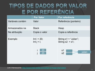 Por Valor                   Por referência
Variáveis contém             Valor                        Referência (ponteiro)

Armazenados na               Stack                        Heap
Na atribuição                Copia o valor                Copia a referência

Exemplo                      Int i = 20;                  String s1 = “Julian”;
                             Int j = i;                   String s2 = s1;


                                  i    20                     s1
                                  j    20                     s2                  julian




Link interessante: http://www.maxi-pedia.com/what+is+heap+and+stack
                                                                                           13
 