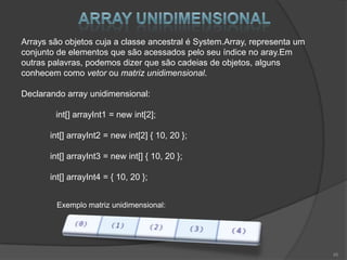 Arrays são objetos cuja a classe ancestral é System.Array, representa um
conjunto de elementos que são acessados pelo seu índice no aray.Em
outras palavras, podemos dizer que são cadeias de objetos, alguns
conhecem como vetor ou matriz unidimensional.

Declarando array unidimensional:

        int[] arrayInt1 = new int[2];

       int[] arrayInt2 = new int[2] { 10, 20 };

       int[] arrayInt3 = new int[] { 10, 20 };

       int[] arrayInt4 = { 10, 20 };


         Exemplo matriz unidimensional:




                                                                           45
 
