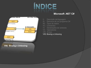 Microsoft .NET C#

                          I)      Descrição da linguagem
                          II)     Estrutura de um programa C#
                          III)    Tipos de dados
                          IV)     Comandos
                          V)      Declarações de variáveis
                          VI)     Operadores
                          VII)    Arrays
                          VIII)   Boxing e Unboxing




VIII) Boxing e Unboxing
 