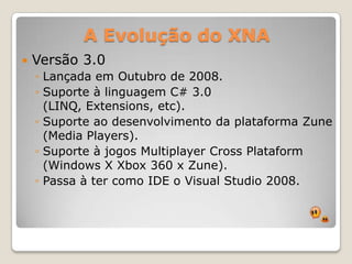 A Evolução do XNAVersão 3.0Lançada em Outubro de 2008.Suporte à linguagem C# 3.0 (LINQ, Extensions, etc).Suporte ao desenvolvimento da plataforma Zune (Media Players).Suporte à jogos MultiplayerCrossPlataform (Windows X Xbox 360 x Zune).Passa à ter como IDE o Visual Studio 2008.
