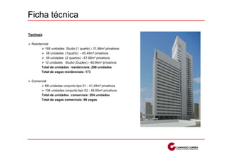 Ficha técnica

Tipologia

  Residencial
          168 unidades Studio (1 quarto) - 31,98m² privativos
           58 unidades (1quarto) - 45,49m² privativos
           58 unidades (2 quartos) - 67,68m² privativos
          12 unidades Studio (Duplex) - 48,90m² privativos
        Total de unidades residenciais: 296 unidades
        Total de vagas residenciais: 173

  Comercial
          68 unidades conjunto tipo 01 - 41,49m² privativos
          136 unidades conjunto tipo 02 - 45,55m² privativos
       Total de unidades comerciais: 204 unidades
       Total de vagas comerciais: 98 vagas
 