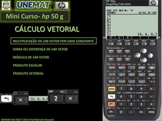 Mini Curso- hp 50 g
SEMANA DA FACET-2014-Prof Marcelo Gouveia
CÁLCULO VETORIAL
MULTIPLICAÇÃO DE UM VETOR POR UMA CONSTANTE
SOMA OU DIFERENÇA DE UM VETOR
MÓDULO DE UM VETOR
PRODUTO ESCALAR
PRODUTO VETORIAL
 