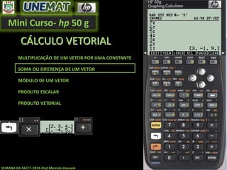 Mini Curso- hp 50 g
SEMANA DA FACET-2014-Prof Marcelo Gouveia
CÁLCULO VETORIAL
MULTIPLICAÇÃO DE UM VETOR POR UMA CONSTANTE
SOMA OU DIFERENÇA DE UM VETOR
MÓDULO DE UM VETOR
PRODUTO ESCALAR
PRODUTO VETORIAL
 