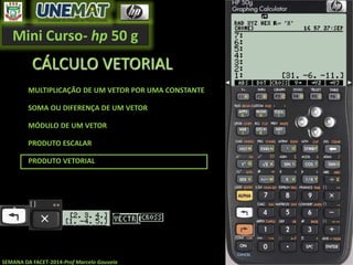Mini Curso- hp 50 g
SEMANA DA FACET-2014-Prof Marcelo Gouveia
CÁLCULO VETORIAL
MULTIPLICAÇÃO DE UM VETOR POR UMA CONSTANTE
SOMA OU DIFERENÇA DE UM VETOR
MÓDULO DE UM VETOR
PRODUTO ESCALAR
PRODUTO VETORIAL
 