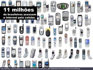 11 milhões
   de brasileiros acessam
   a internet pelo celular.




http://www-sop.inria.fr/acacia/personnel/Fabien.Gandon/lecture/saint_louis_2007_02/seminar/resources/mobilechristmas2004.jpg
 