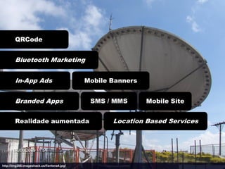 QRCode


        Bluetooth Marketing


        In-App Ads                           Mobile Banners


        Branded Apps                          SMS / MMS       Mobile Site


        Realidade aumentada                         Location Based Services




http://img266.imageshack.us/f/antena4.jpg/
 