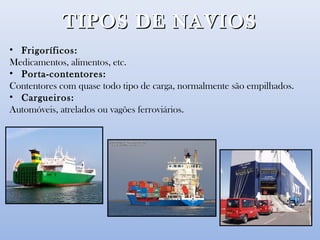 TIPOS DE NAVIOSTIPOS DE NAVIOS
• Frigoríficos:
Medicamentos, alimentos, etc.
• Porta-contentores:
Contentores com quase todo tipo de carga, normalmente são empilhados.
• Cargueiros:
Automóveis, atrelados ou vagões ferroviários.
 