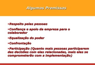 Algumas Premissas Respeito pelas pessoas Confiança e apoio da empresa para o colaborador Equalização do poder Confrontação Participação (Quanto mais pessoas participarem das decisões com elas relacionadas, mais elas se comprometerão com a implementação) 