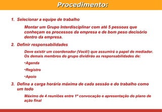 Procedimento: Selecionar a equipe de trabalho Montar um Grupo Interdisciplinar com até 5 pessoas que conheçam os processos da empresa e de bom peso decisório dentro da empresa. Definir responsabilidades Deve existir um coordenador (Você!) que assumirá o papel de mediador. Os demais membros do grupo dividirão as responsabilidades de: Agenda Registro Apoio Defina a carga horária máxima de cada sessão e do trabalho como um todo Máximo de 4 reuniões entre 1ª convocação e apresentação do plano de ação final Procedimento: 