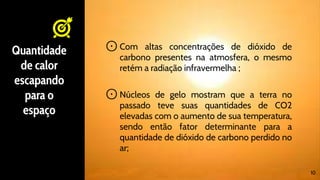 Quantidade
de calor
escapando
para o
espaço
⊙ Com altas concentrações de dióxido de
carbono presentes na atmosfera, o mesmo
retém a radiação infravermelha ;
⊙Núcleos de gelo mostram que a terra no
passado teve suas quantidades de CO2
elevadas com o aumento de sua temperatura,
sendo então fator determinante para a
quantidade de dióxido de carbono perdido no
ar;
10
 