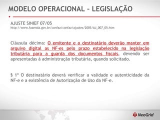 MODELO OPERACIONAL – LEGISLAÇÃO AJUSTE SINIEF 07/05 http://www.fazenda.gov.br/confaz/confaz/ajustes/2005/AJ_007_05.htm Cláusula décima:  O emitente e o destinatário deverão manter em arquivo digital as NF-es pelo prazo estabelecido na legislação tributária para a guarda dos documentos fiscais ,  devendo ser apresentadas à administração tributária, quando solicitado. § 1º O destinatário deverá verificar a validade e autenticidade da NF-e e a existência de Autorização de Uso da NF-e. 