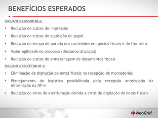 BENEFÍCIOS ESPERADOS ENQUANTO EMISSOR NF-e: Redução de custos de impressão Redução de custos de aquisição de papel Redução de tempo de parada dos caminhões em postos fiscais e de fronteira Maior agilidade no processo (desburocratização) Redução de custos de armazenagem de documentos fiscais ENQUANTO RECEPTOR NF-e: Eliminação de digitação de notas fiscais na recepção de mercadorias Planejamento de logística possibilitada pela recepção antecipada da informação da NF-e Redução de erros de escrituração devido a erros de digitação de notas fiscais 