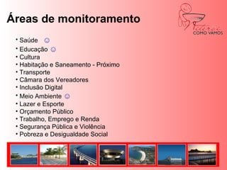 Movimento Nossa São PauloAGENDA 2009-2010Lançar e monitorar novos indicadores para mensuração da qualidade de vida (IRBEM - Indicadores de referência de bem-estar no município)Monitorar o Programa de Metas do governo municipal;Territorializar o movimento nas diversas regiões da cidade; Implantar a representação popular em conselhos de representantes nas 31 subprefeituras.