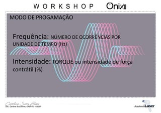 MODO DE PROGAMAÇÃO
Frequência: NÚMERO DE OCORRÊNCIAS POR
UNIDADE DE TEMPO (Hz)
Intensidade: TORQUE ou intensidade de força
contrátil (%)
 