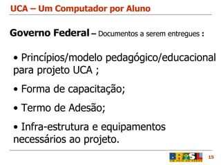 UCA – Um Computador por Aluno 15 Princípios/modelo pedagógico/educacional para projeto UCA ; Forma de capacitação; Termo de Adesão; Infra-estrutura e equipamentos necessários ao projeto. Governo Federal  –  Documentos a serem entregues  : 