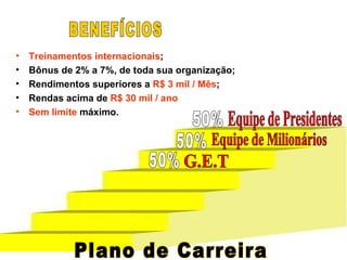 Treinamentos internacionais ; Bônus de 2% a 7%, de toda sua organização; Rendimentos superiores a  R$ 3 mil / Mês ; Rendas acima de  R$ 30 mil / ano Sem limite  máximo. 50% 50% 50% BENEFÍCIOS Plano de Carreira G.E.T Equipe de Milionários Equipe de Presidentes 