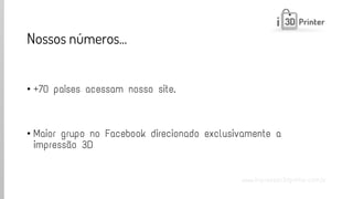 www.impressao3dprinter.com.br 
Nossos números... 
•+70 países acessam nosso site. 
•Maior grupo no Facebookdirecionado exclusivamente a impressão 3D  