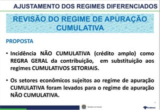 Ministério da Fazenda
AJUSTAMENTO DOS REGIMES DIFERENCIADOS
13
PROPOSTA
• Incidência NÃO CUMULATIVA (crédito amplo) como
REGRA GERAL da contribuição, em substituição aos
regimes CUMULATIVOS SETORIAIS.
• Os setores econômicos sujeitos ao regime de apuração
CUMULATIVA foram levados para o regime de apuração
NÃO CUMULATIVA.
REVISÃO DO REGIME DE APURAÇÃO
CUMULATIVA
 