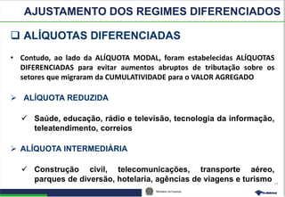 Ministério da Fazenda
14
 ALÍQUOTAS DIFERENCIADAS
• Contudo, ao lado da ALÍQUOTA MODAL, foram estabelecidas ALÍQUOTAS
DIFERENCIADAS para evitar aumentos abruptos de tributação sobre os
setores que migraram da CUMULATIVIDADE para o VALOR AGREGADO
 ALÍQUOTA REDUZIDA
 Saúde, educação, rádio e televisão, tecnologia da informação,
teleatendimento, correios
 ALÍQUOTA INTERMEDIÁRIA
 Construção civil, telecomunicações, transporte aéreo,
parques de diversão, hotelaria, agências de viagens e turismo
AJUSTAMENTO DOS REGIMES DIFERENCIADOS
 