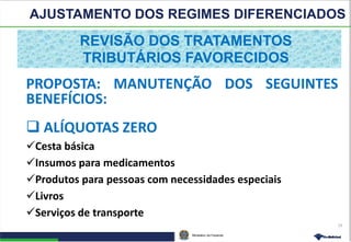 Ministério da Fazenda
16
PROPOSTA: MANUTENÇÃO DOS SEGUINTES
BENEFÍCIOS:
 ALÍQUOTAS ZERO
Cesta básica
Insumos para medicamentos
Produtos para pessoas com necessidades especiais
Livros
Serviços de transporte
REVISÃO DOS TRATAMENTOS
TRIBUTÁRIOS FAVORECIDOS
AJUSTAMENTO DOS REGIMES DIFERENCIADOS
 