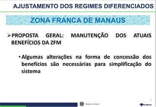 Ministério da Fazenda
21
PROPOSTA GERAL: MANUTENÇÃO DOS ATUAIS
BENEFÍCIOS DA ZFM
•Algumas alterações na forma de concessão dos
benefícios são necessárias para simplificação do
sistema
ZONA FRANCA DE MANAUS
AJUSTAMENTO DOS REGIMES DIFERENCIADOS
 