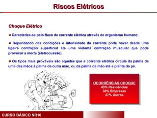 Riscos Elétricos

  Choque Elétrico
    Caracteriza-se pelo fluxo de corrente elétrica através de organismo humano;

     Dependendo das condições e intensidade da corrente pode haver desde uma
  ligeira contração superficial até uma violenta contração muscular que pode
  provocar a morte (eletrocussão).

    Os tipos mais prováveis são aqueles que a corrente elétrica circula da palma de
  uma das mãos à palma da outra mão, ou da palma da mão até a planta do pé.



                                                    OCORRÊNCIAS CHOQUE
                                                        43% Residências
                                                         30% Empresas
                                                          27% Outros




CURSO BÁSICO NR10
 