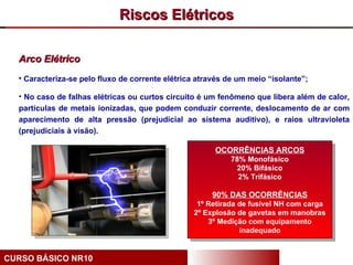 Riscos Elétricos

  Arco Elétrico
  • Caracteriza-se pelo fluxo de corrente elétrica através de um meio “isolante”;

  • No caso de falhas elétricas ou curtos circuito é um fenômeno que libera além de calor,
  partículas de metais ionizadas, que podem conduzir corrente, deslocamento de ar com
  aparecimento de alta pressão (prejudicial ao sistema auditivo), e raios ultravioleta
  (prejudiciais à visão).

                                                       OCORRÊNCIAS ARCOS
                                                           78% Monofásico
                                                            20% Bifásico
                                                             2% Trifásico

                                                      90% DAS OCORRÊNCIAS
                                                  1º Retirada de fusível NH com carga
                                                 2º Explosão de gavetas em manobras
                                                     3º Medição com equipamento
                                                              inadequado


CURSO BÁSICO NR10
 