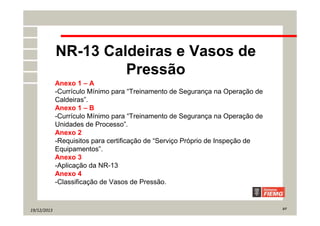 19/12/2013 3/7
NR-13 Caldeiras e Vasos de
Pressão
Anexo 1 – A
-Currículo Mínimo para “Treinamento de Segurança na Operação de
Caldeiras”.
Anexo 1 – B
-Currículo Mínimo para “Treinamento de Segurança na Operação de
Unidades de Processo”.
Anexo 2
-Requisitos para certificação de “Serviço Próprio de Inspeção de
Equipamentos”.
Anexo 3
-Aplicação da NR-13
Anexo 4
-Classificação de Vasos de Pressão.
 