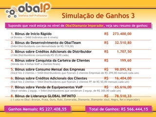 Simulação de Ganhos 3 1.  Bônus de Início Rápido R$  273.400,00   (4 Diretos + 5460 Indiretos em 6 níveis) 2.  Bônus do Desenvolvimento do Oba!Team R$  32.510,80 (5464 Distribuidores com Mensalidade de R$ 119,00) 3.  Bônus sobre Créditos Adicionais do Distribuidor R$  1.707,50 (1366 Distribuidores consumindo R$ 25,00 cada) 4.  Bônus sobre Conquista da Carteira de Clientes R$  199,60 (Venda das 4 linhas VoIP a clientes finais) 5.  Bônus sobre Consumo Mensal dos Empresas R$  98.095,92 (Você fez 2 clientes + 5464 Distribuidores que fizeram 2 clientes Empresas de R$ 299,00 mensais cada um) 6.  Bônus sobre Créditos Adicionais dos Clientes R$  16.404,00 (Você fez 2 clientes + 5464 Distribuidores que fizeram 2 clientes PF de R$ 50,00 mensais cada um) 7.  Bônus sobre Venda de Equipamentos VoIP R$  65.616,00 (Você vendeu 2 equip. + 5464 Distribuidores que venderam 2 equip. de R$ 300,00 cada um) 8.  Bônus de Liderança GLOBAL INFINITO R$  78.510,33 ( 1 cota no Oba!: Bronze, Prata, Ouro, Rubi, Esmeralda, Diamante, Diamante: Azul, Negro, Rei e Imperador) Total de Ganhos: R$ 566.444,15 Supondo que você esteja no nível de  Oba!Diamante Imperador , veja seu resumo de ganhos: Ganhos Mensais: R$ 227.408,55 