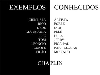 EXEMPLOS        CONHECIDOS
    CIENTISTA   ARTISTA
         RICO   POBRE
         DEDÉ   DIDI
   MARADONA     PELÉ
          FHC   LULA
          TOM   JERRY
     LEÔNCIO    PICA-PAU
       COIOTE   PAPA-LÉGUAS
        VILÃO   MOCINHO


        CHA PLIN
 
