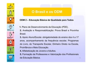 O Brasil e os ODM
ODM 2 – Educação Básica de Qualidade para Todos
1. Plano de Desenvolvimento da Educação (PDE).
2. Avaliação e Responsabilização: Prova Brasil e Provinha
Brasil.
3. Apoio Aluno/Escola: obrigatoriedade do ensino dos 4 a 17
anos, acompanhamento da frequência escolar, Programas
do Livro, do Transporte Escolar, Dinheiro Direto na Escola,
Proinfância e Mais Educação.
4. Alfabetização de Jovens e Adultos.
5. Formação de Professores e Valorização dos Profissionais
da Educação Básica. 13
 