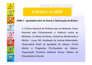 O Brasil e os ODM
ODM 3 – Igualdade entre os Sexos e Valorização da Mulher
1. II Plano Nacional de Políticas para as Mulheres, Pacto
Nacional pelo Enfrentamento à Violência contra as
Mulheres, Lei Maria da Penha, Central de Atendimento à
Mulher – Lique 180, Ampliação da Licença Maternidade,
Observatório Brasil da Igualdade de Gênero, Pronaf
Mulher e Programas Pró-Equidade de Gênero,
Organização Produtiva Mulheres Rurais, Gênero de
Diversidade na Escola.
14
 
