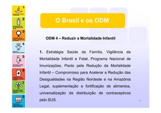 O Brasil e os ODM
ODM 4 – Reduzir a Mortalidade Infantil
1. Estratégia Saúde da Família, Vigilância da
Mortalidade Infantil e Fetal, Programa Nacional de
Imunizações, Pacto pela Redução da Mortalidade
Infantil – Compromisso para Acelerar a Redução das
Desigualdades na Região Nordeste e na Amazônia
Legal, suplementação e fortificação de alimentos,
universalização da distribuição de contraceptivos
pelo SUS. 15
 