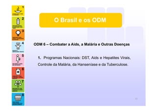 O Brasil e os ODM
ODM 6 – Combater a Aids, a Malária e Outras Doenças
1. Programas Nacionais: DST, Aids e Hepatites Virais,
Controle da Malária, da Hanseníase e da Tuberculose.
17
 