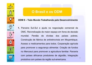 O Brasil e os ODM
ODM 8 – Todo Mundo Trabalhando pelo Desenvolvimento
1. Parceira Sul-Sul e ajuda na negociação comercial da
OMC. Reivindicação de maior espaço em foros de decisão
mundial. Perdão de dívidas dos países pobres.
Construção de fábrica de antiretrovirais em Moçambique.
Acesso a medicamentos para todos. Cooperação agrícola
para promover a segurança alimentar. Criação de fundos
no Mercosul para promover a agricultura familiar. Parceria
com países africanos produtores de algodão, Integração
produtiva com países da região sul-americana.
19
 