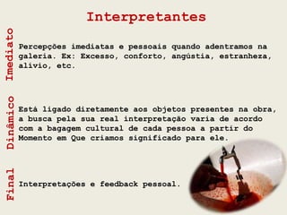 Interpretantes
Imediato


           Percepções imediatas e pessoais quando adentramos na
           galeria. Ex: Excesso, conforto, angústia, estranheza,
           alívio, etc.
Dinâmico




           Está ligado diretamente aos objetos presentes na obra,
           a busca pela sua real interpretação varia de acordo
           com a bagagem cultural de cada pessoa a partir do
           Momento em Que criamos significado para ele.
Final




           Interpretações e feedback pessoal.
 