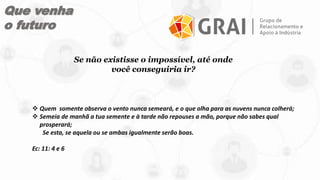 Se não existisse o impossível, até onde
você conseguiria ir?
Que venha
o futuro
 Quem somente observa o vento nunca semeará, e o que olha para as nuvens nunca colherá;
 Semeia de manhã a tua semente e à tarde não repouses a mão, porque não sabes qual
prosperará;
Se esta, se aquela ou se ambas igualmente serão boas.
Ec: 11: 4 e 6
 