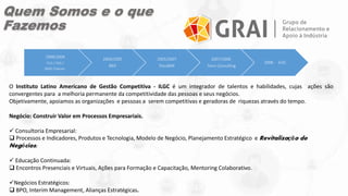 1998/2004
FCO / FDG /
INDG /Falconi
2004/2005
BMI
2005/2007
TotvsBMI
2007/2008
Totvs Consulting
2008 - ILGC
O Instituto Latino Americano de Gestão Competitiva - ILGC é um integrador de talentos e habilidades, cujas ações são
convergentes para a melhoria permanente da competitividade das pessoas e seus negócios.
Objetivamente, apoiamos as organizações e pessoas a serem competitivas e geradoras de riquezas através do tempo.
Negócio: Construir Valor em Processos Empresariais.
 Consultoria Empresarial:
 Processos e Indicadores, Produtos e Tecnologia, Modelo de Negócio, Planejamento Estratégico e Revitalização de
Negócios;
 Educação Continuada:
 Encontros Presenciais e Virtuais, Ações para Formação e Capacitação, Mentoring Colaborativo.
Negócios Estratégicos:
 BPO, Interim Management, Alianças Estratégicas.
Quem Somos e o que
Fazemos
 