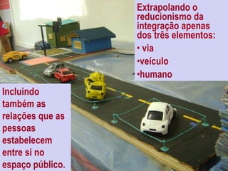 Extrapolando o reducionismo da integração apenas dos três elementos: via  veículo  humano Incluindo também as relações que as pessoas estabelecem entre si no espaço público. 