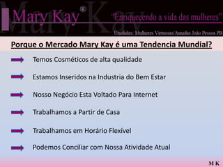Porque o Mercado Mary Kay é uma Tendencia Mundial?
     Temos Cosméticos de alta qualidade

     Estamos Inseridos na Industria do Bem Estar

     Nosso Negócio Esta Voltado Para Internet

     Trabalhamos a Partir de Casa

     Trabalhamos em Horário Flexível

     Podemos Conciliar com Nossa Atividade Atual

                                                   MK
 