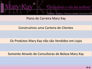 Plano de Carreira Mary Kay

      Construímos uma Carteira de Clientes


 Os Produtos Mary Kay não são Vendidos em Lojas


Somente Através de Consultoras de Beleza Mary Kay


                                                    MK
 