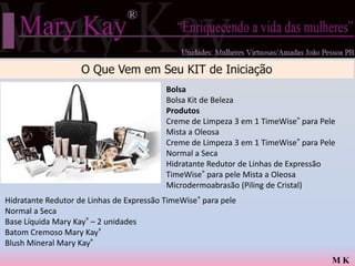 O Que Vem em Seu KIT de Iniciação
                                          Bolsa
                                          Bolsa Kit de Beleza
                                          Produtos
                                          Creme de Limpeza 3 em 1 TimeWise® para Pele
                                          Mista a Oleosa
                                          Creme de Limpeza 3 em 1 TimeWise® para Pele
                                          Normal a Seca
                                          Hidratante Redutor de Linhas de Expressão
                                          TimeWise® para pele Mista a Oleosa
                                          Microdermoabrasão (Piling de Cristal)
Hidratante Redutor de Linhas de Expressão TimeWise® para pele
Normal a Seca
Base Líquida Mary Kay® – 2 unidades
Batom Cremoso Mary Kay®
Blush Mineral Mary Kay®
                                                                                    MK
 