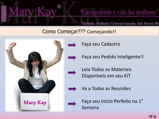 Como Começar??? Começando!!

                    Faça seu Cadastro

                    Faça seu Pedido Inteligente!!

                    Leia Todos os Materiais
                    Disponíveis em seu KIT

                    Va a Todas as Reuniões

Mary Kay            Faça seu Inicio Perfeito na 1°
                    Semana
                                                     MK
 