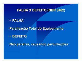 FALHA X DEFEITO (NBR 5462)
• FALHA
Paralisação Total do Equipamento
• DEFEITO
Não paralisa, causando perturbações
 