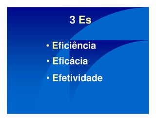 3 Es
• Eficiência
• Eficácia
• Efetividade
 
