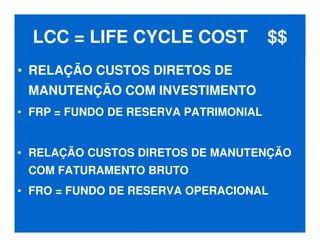 LCC = LIFE CYCLE COST $$
• RELAÇÃO CUSTOS DIRETOS DE
MANUTENÇÃO COM INVESTIMENTO
• FRP = FUNDO DE RESERVA PATRIMONIAL
• RELAÇÃO CUSTOS DIRETOS DE MANUTENÇÃO
COM FATURAMENTO BRUTO
• FRO = FUNDO DE RESERVA OPERACIONAL
 