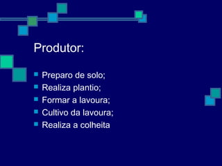 Produtor:
 Preparo de solo;
 Realiza plantio;
 Formar a lavoura;
 Cultivo da lavoura;
 Realiza a colheita
 
