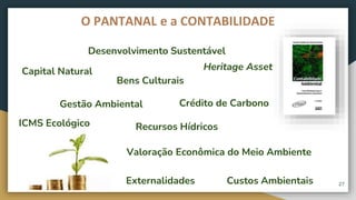 Capital Natural
27
O PANTANAL e a CONTABILIDADE
Desenvolvimento Sustentável
Crédito de Carbono
Gestão Ambiental
Heritage Asset
Bens Culturais
Externalidades Custos Ambientais
Valoração Econômica do Meio Ambiente
ICMS Ecológico Recursos Hídricos
 